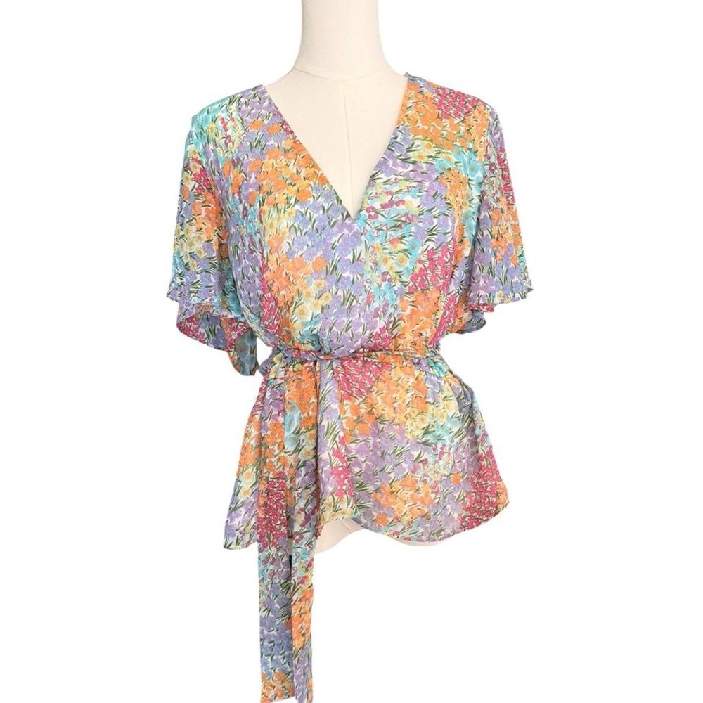 Multicolored floral wrap blouse with tie waist size XL